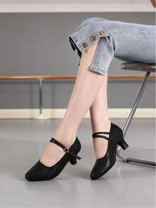 Black Latin Ballroom Dance Shoes For Women, Slip-On And Buckle Design, Soft Flexible Sole For Indoor Floor Training Practice Performance