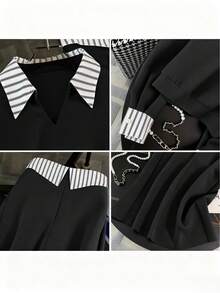 女士新款时尚条纹撞色拼接灰色卫衣通勤套装，两件套上衣和裙子，黑色春季款 - 黑色 - 查看 8