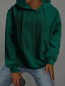 Plus Size Women Loose Casual Solid Color Jacquard Knit Long Sleeve Sweatshirt Spring - Dark Green - View 6