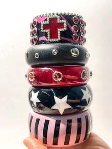 1 chiếc vòng tay nhựa cổ điển, màu đen và hồng, thiết kế nhiều họa tiết ngôi sao và chấm bi, thích hợp để kết hợp hàng ngày, mua sắm, làm quà tặng cho bạn bè, trang sức thời trang - Nhiều màu B - Xem 8