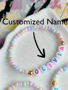 1 pieza Pulsera personalizada con nombre, regalo exclusivo personalizado, estilo suave, hermoso color, elástica, pulsera bohemia con cuentas, para mamá, hermana, hermana menor, familia, Navidad, Año Nuevo, familia, amigos, boda, novia, dama de honor - Multicolor - Ver 2