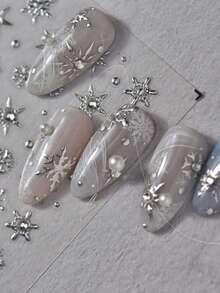 1pc Silver Snowflake Winter Romantic Minimalist 5D Nail Stickers, Ice Snow Elegant Nail Decals, Self-Adhesive Decoration For Long And Short Nails - Multicolor - View 3