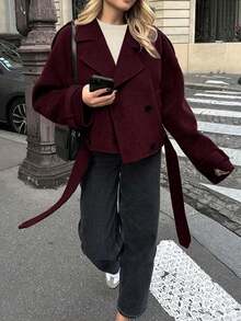 Solid Color Long Sleeve Double-Breasted Casual Coat - Burgundy - View 6
