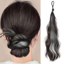 1件装合成纤维环绕式马尾发髻假发 - 20英寸凌乱卷发盘发接发，配有弹性发圈，适合女性日常佩戴