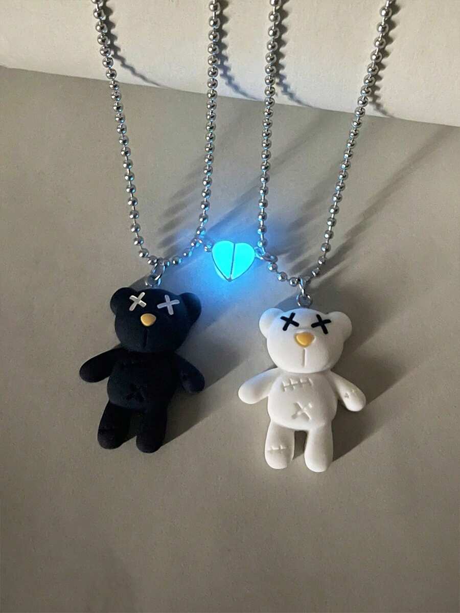 ATLVXJL 2件套夜光情侣/友情磁性泰迪熊动物造型不锈钢链项链套装，适合日常佩戴和情人节礼物 - 彩色 - 查看 1