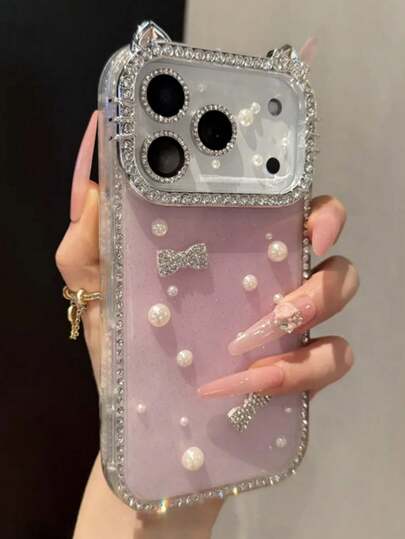Creative Luxury 3D Blingbling Bow Pearl Glitter Rhinestone Cat Ears DIY Phone Case Compatible With IPhone 17 Pro Max 17 Pro 16 15 Pro Max 14 Plus 17 Air 13 12 Pro 11 Candy Color Soft Back Cover