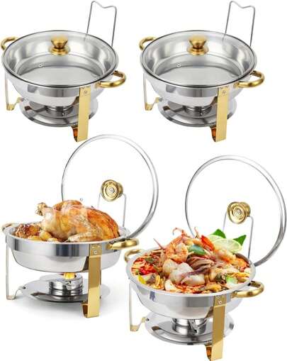 CuteHairy 4pcs Chafing Dish For Buffet Set Catering Food Warmer 5QT Round Chafing Dishes, Gold