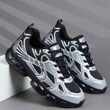 Men's Solid Color Black Casual Sneakers - Versatile, Non-Slip Fashion Comfort Shoes With Lace-Up Closure, PU Upper & PVC Sole For Casual Attire And Running - Black And Silver - View 3