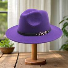 Wool Panama Hat For Men Women Chain Belt Wide Brim Fedora Caps British Style Jazz Hat For Daily Party Club - 紫色 - 查看 1