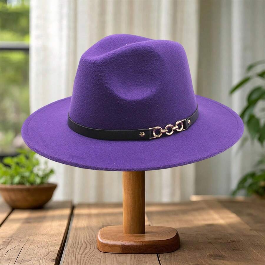 Wool Panama Hat For Men Women Chain Belt Wide Brim Fedora Caps British Style Jazz Hat For Daily Party Club - 紫色 - 查看 1