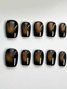 10片纯手工制作的按压式美甲片，短款方形美甲，黑色复古简约金色玻璃珠猫眼可爱温柔款式，适合女性和女孩，秋冬季节庆派对及日常生活使用。 - 黑色 - 查看 2