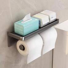 Toilet Paper Holder With Phone Shelf, Self-Adhesive Or Screw-In Toilet Tissue Roll Holder Wall Mount, Rustproof & Multifunctional Bathroom Toilet Paper Holder Storage Dispenser Bathroom Accessories Bathroom Tools