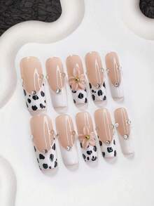 10pcs Y2K Black & White French Manicure Nail Stickers, Pink Floral Long Fake Nails, Cow Print False Nails, 3 Sizes Available: Almond, Duck Mouth, Coffin Shape, Includes Nail Tools (1 Jelly Sticker + 1 Nail File), Reusable Handmade Nail Stickers, Suitable For Daily Wear, Best Gift For Women And Girls - 彩色 - 查看 15
