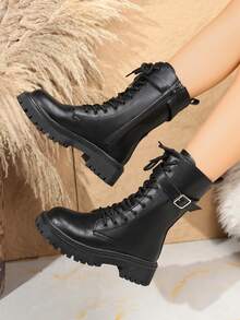 秋冬朋克风系带侧拉链女靴，配皮带扣，百搭踝靴 - 黑色 - 查看 1