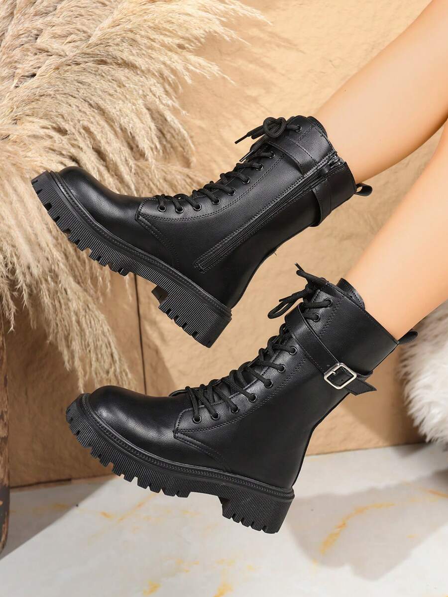 秋冬朋克风系带侧拉链女靴，配皮带扣，百搭踝靴 - 黑色 - 查看 1