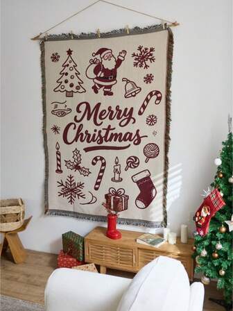 1. 圣诞老人和雪花圣诞编织挂毯，流苏边节日风格壁挂，圣诞客厅卧室装饰，家居房间装饰墙饰，多功能披肩，适用于沙发、床、露营、桌布、地毯