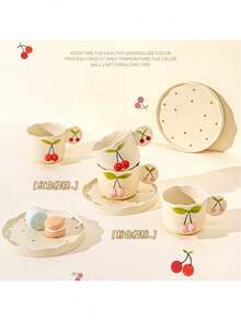 Korean Style Hand-Painted Cherry Blossom Relief Ceramic Cup & Saucer Set, Cute Afternoon Tea/Coffee Mug - Multicolor - View 4