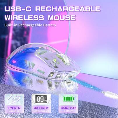  Ratón inalámbrico para juegos ATTACK SHARK A2, sensor PixArt PAW3212 de doble modo 2.4G/Bluetooth, retroiluminación RGB transparente, batería recargable de 400mAh, 4000 DPI a 5 niveles, indicador de nivel de batería visible para Windows/