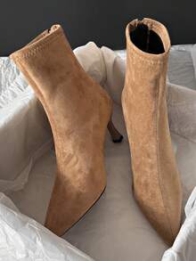 Bốt cổ ngắn co giãn mùa thu/đông, kiểu dáng đi làm mới, mũi vuông, gót dày, khóa kéo phía sau, giày cao gót mèo - Màu Khaki - Xem 2