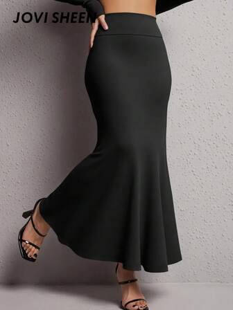 JOVI SHEEN 女士优雅高腰A字长裙 - 复古风格，收腰设计，松紧腰带，纯黑色，挺括裙型，适合休闲和正式场合，春夏优雅长裙（可手洗），办公穿着，弹性面料，舒适贴身。