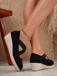 女士时尚黑色绒面透气休闲度假绳编坡跟厚底鞋 - 黑色 - 查看 3
