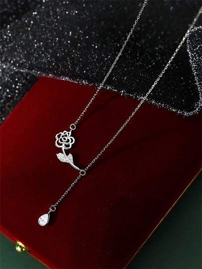 قلادة فضة عيار 925 بتصميم وردة وشرابة قطرة ماء، أنيقة وعصرية، مناسبة للمناسبات والحفلات والأعراس والعطلات والاستخدام اليومي، هدية رائعة للصديقة والأم والمعلمة