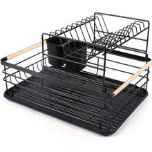 ⭐ PREMIUM 2-TIER DISH RACK – RUST-RESISTANT METAL WITH WOODEN HANDLES ⭐ This Premium 2-Tier Dish Rack Features A Modern, Compact Design, Crafted From Rust-Resistant Metal With Elegant Wooden Handles. Available In Black, White, And Gray, It Offers Ample Storage For Plates, Bowls, Glasses, And Utensils. Ideal For Keeping Your Countertop Organized, It Includes A Removable Drip Tray, Double Utensil Holder, And A Non-Slip Base. This Dish Rack Combines Durability, Functionality, And Aesthetic Appeal. Use It As A Dish Drainer, Kitchen Organizer, Or Dish Rack To Keep Your Sink Area Clean And Clutter-Free. - màu đen - Xem 6
