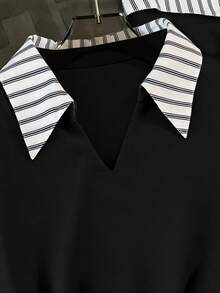 女士新款时尚条纹撞色拼接灰色卫衣通勤套装，两件套上衣和裙子，黑色春季款 - 黑色 - 查看 4