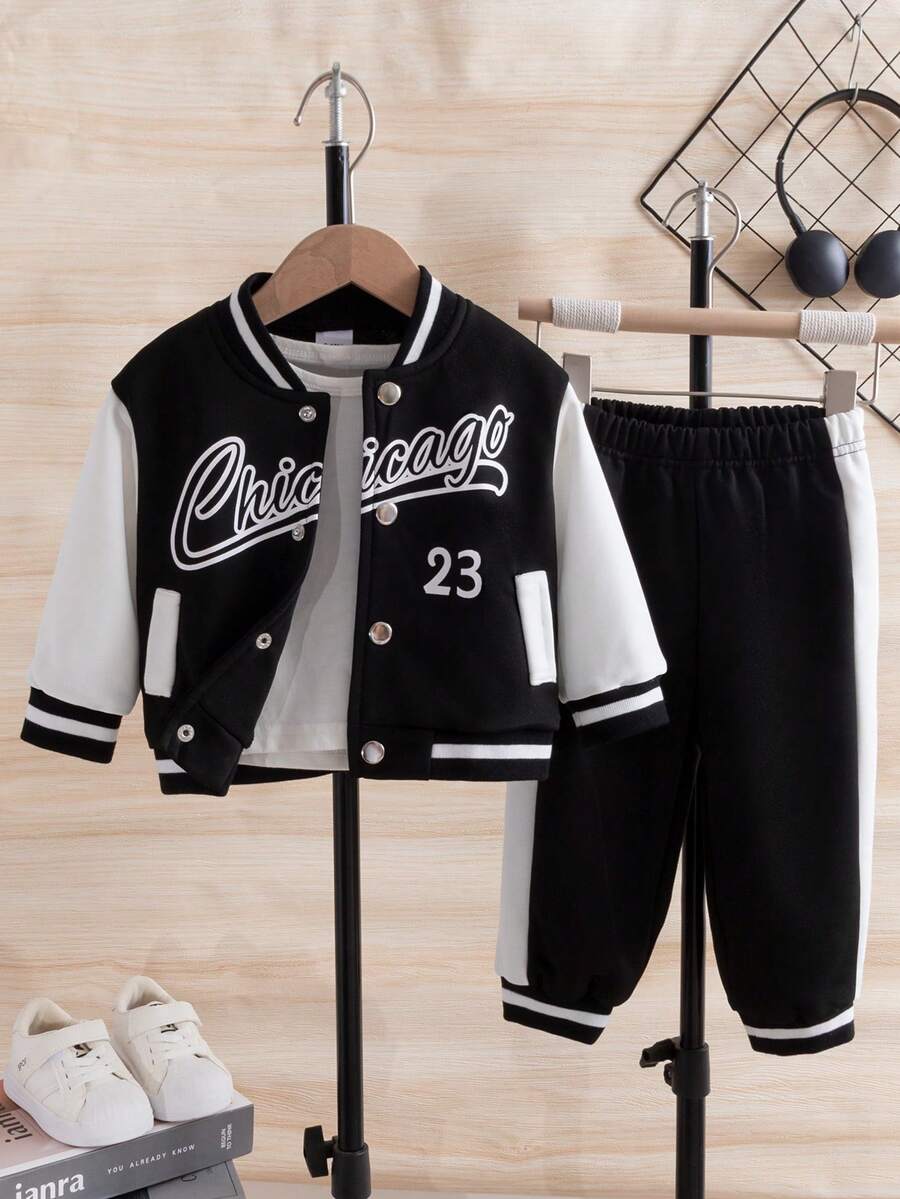 Toddler Baseball Jacket With Contrast Sleeves & Pants Set, Autumn/Winter - Black and White - View 1