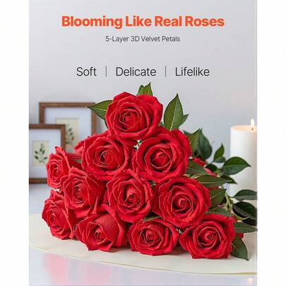 5/10PCS Artificial Red Rose Bouquet, Realistic Long-Stemmed Fake Roses With Green Leaves, Perfect For Home Decor, Wedding Centerpieces, Valentine's Day Gifts & Romantic Arrangements 5/10PCS Faux Red Rose Bouquet, Lifelike Silk Roses For DIY Floral Decor, Ideal For Anniversary Celebrations,