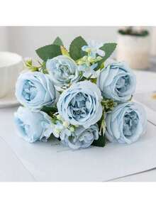 1/80支浪漫丝绸牡丹绣球花束人造花装饰，塑料手捧花，适用于婚礼/家居/卧室/客厅/餐桌装饰/新娘捧花/母亲节 - 淺藍色 - 查看 6