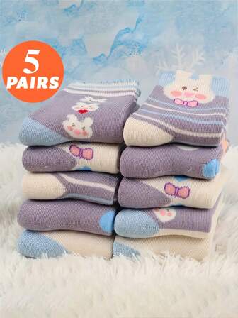 5双装儿童卡通兔子图案连裤袜，加厚保暖，适合秋冬季节，柔软舒适，保暖效果好，女童校袜，紫色系列