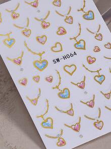 2片浪漫项链造型美甲贴纸，闪亮亮片爱心3D自粘美甲贴花，金属粉蓝爱心美甲DIY装饰，适合女性、女孩，情人节和婚礼美甲设计用品 - 彩色 - 查看 6