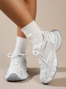 女士新款休闲运动鞋，透气网面厚底坡跟系带轻便百搭时尚运动鞋，白色/灰色，适合所有季节，运动休闲鞋 - 白色 - 查看 12
