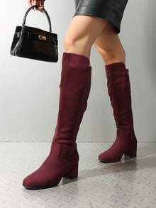 Women's Knee High Stretchy Fashion Boots Round Toe Chunky Heel Fashionable Classic Boots - 酒紅色 - 查看 2