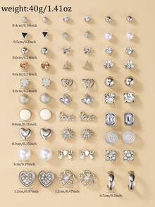 Bộ 30 đôi bông tai đính ngọc trai giả kim loại, nhiều kiểu dáng khác nhau bao gồm hình lá, ngôi sao, hoa, ngôi sao, trái tim, nơ, thời trang và dễ thương, thích hợp để đeo hàng ngày, quà tặng cho phụ nữ - Bạc - Xem 5