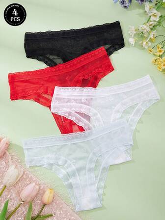 4pcs Women's Sexy Lace Panties Cute Printed Women's Thong Breathable Lace Thong Romantic Love Women's Thong Black Lingerie Black Lace Women's Panties