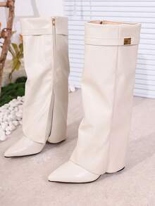 2025秋冬女士翻边过膝长靴，尖头高跟靴，时尚侧拉链米色长靴，优雅修身女士过膝长靴，春/复活节鞋履 - 米色 - 查看 5