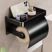 Toilet Paper Holder With Phone Shelf, Self-Adhesive Or Screw-In Toilet Tissue Roll Holder Wall Mount, Rustproof & Multifunctional Bathroom Toilet Paper Holder Storage Dispenser Bathroom Accessories Bathroom Tools