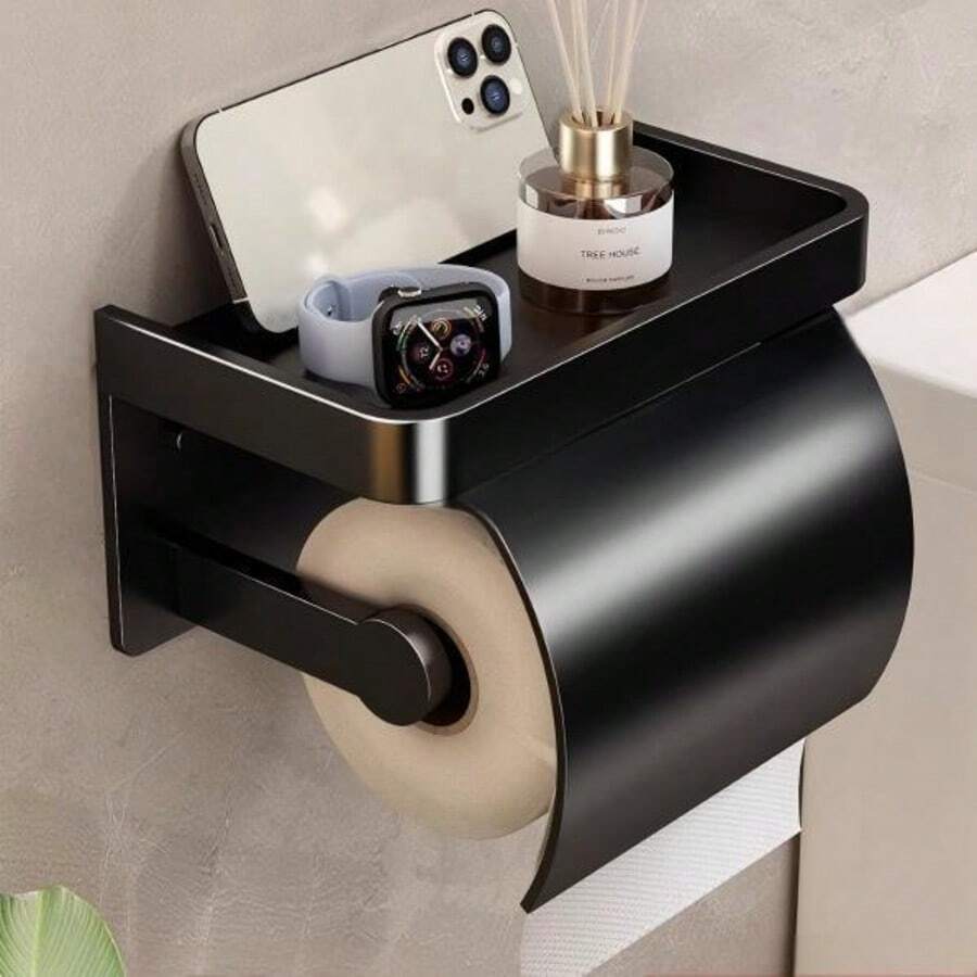 Toilet Paper Holder With Phone Shelf, Self-Adhesive Or Screw-In Toilet Tissue Roll Holder Wall Mount, Rustproof & Multifunctional Bathroom Toilet Paper Holder Storage Dispenser Bathroom Accessories Bathroom Tools
