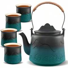 Vintage Japanese Tea Set Gradient Embossed Ceramic Japanese Teapot With 4 Teacups Hemp Rope Handle 33.8 Oz Loose Leaf Teapot With Builtin Strainer For Tea Steeper Gifts Black And Green - BlackGreen - View 2