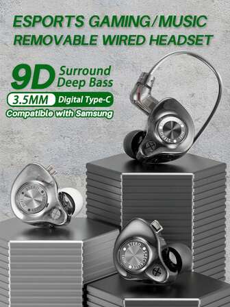 VAORLO 有线游戏耳机，3.5毫米AUX/TYPE-C接口（数字芯片），9D HiFi立体声入耳式耳机，运动DJ音乐低音耳机，带麦克风和线控，兼容电脑和安卓系统