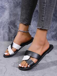 Sandalias planas de mujer de color block versátiles y cómodas, de gran para el verano - Negro - Ver 2