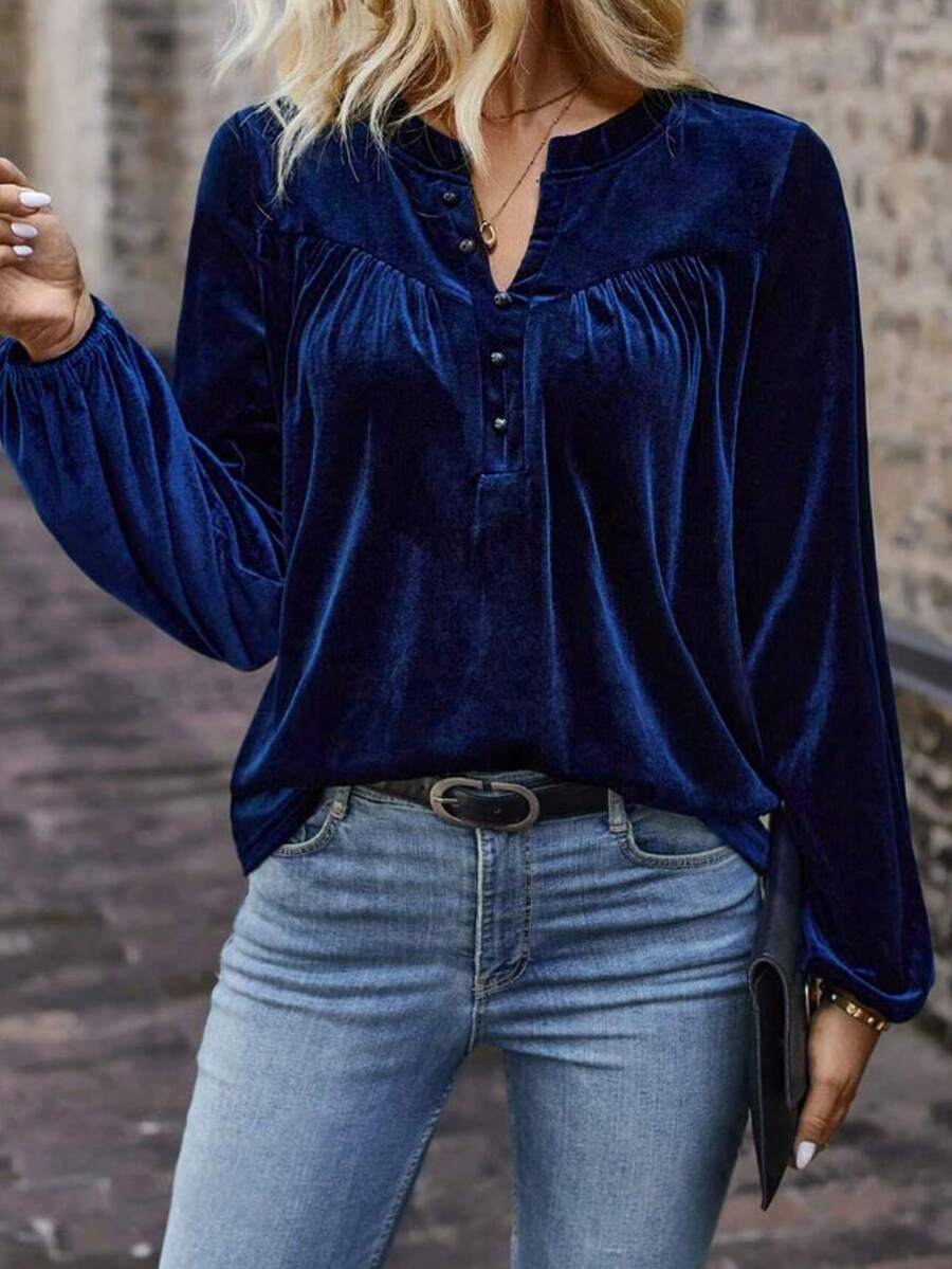 New Plus Size V-Neck Solid Color Casual Commuter Button-Up Long Sleeve Blouse For Women, Autumn/Winter - 藏青色 - 查看 1