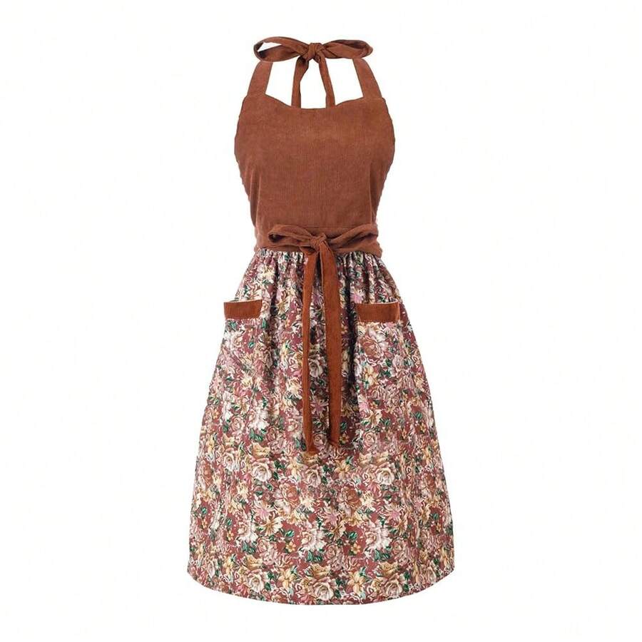 Cute Floral Aprons For Women With Pockets,Cotton Adjustable Neck Strap Apron For Kitchen CooFKing BaFKing Gardening{Inchsize_nameinch:InchMediuminch,Inchcolor_nameinch:InchBrowninch} - màu nâu - Xem 1
