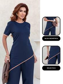 Maria do Luxo Women's Sweatshirt Set, Blouse And Pants With Pockets - Navy Blue - View 4
