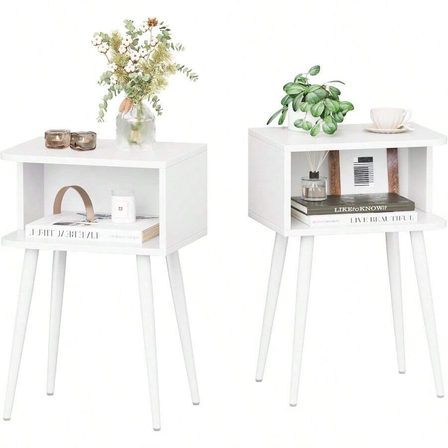 White Nightd Set Of 2 Small Bed Side Table For Small Spaces Mid Century Modern Nightd End Table With Open Storage Side Table For Bedroom Living Room Z20W2 - 白色 - 查看 1