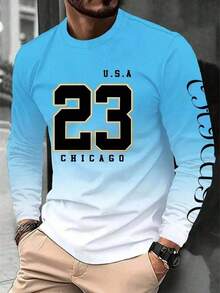 Camiseta de manga larga y cuello redondo casual con estampado de Chicago 23 para hombre talla grande, con ajuste regular, ideal para primavera/otoño - Camiseta deportiva de moda