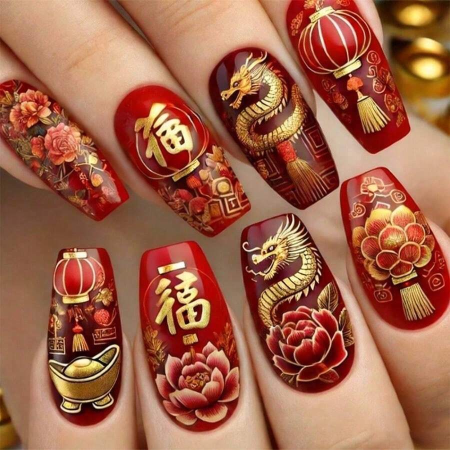 24PCS Ballet-Style Press On Nails - Lunar New Year Themed With Golden Dragon Soaring Pattern, 3D Red Lanterns, Gold Ingots & Floral Decor. Full Cover Glitter Gold Foil Nail Tips, Reusable & Beginner-Friendly To Apply (Comes With Jelly Glue & Nail File). Festive Lucky Nail Art With Good Symbolism, Perfect For Women's Holiday Parties, Daily Matching & New Year Gatherings. - Đỏ - Xem 1