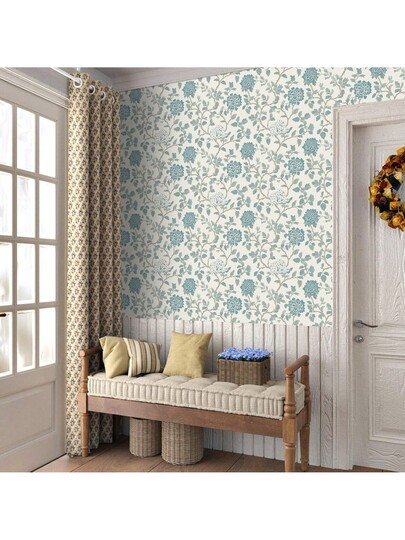 Roll Blauw Bloemen Self Adhesive Wallpaper, Vintage European Botanical Peel Stick Bohemian Aesthetic Home Sticker, Waterproof, Removable, Easy To Cut Install, Living Room, Bedroom, Fireplace, Kitchen, Entryway, Furniture Renovation Like Cabinets, Tables, Vanities, Dressers view 6
